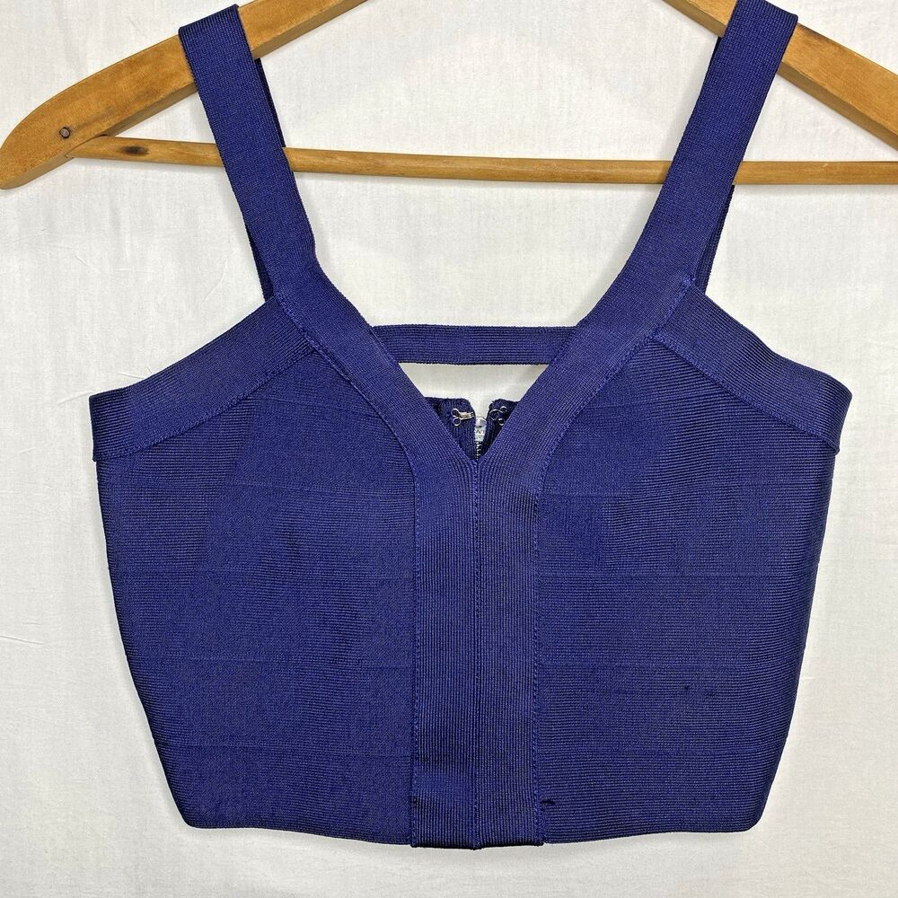 Guess Bandage Halter Top Womens XS Ribbed V-Neck Exposed Zipper Stretch Blue